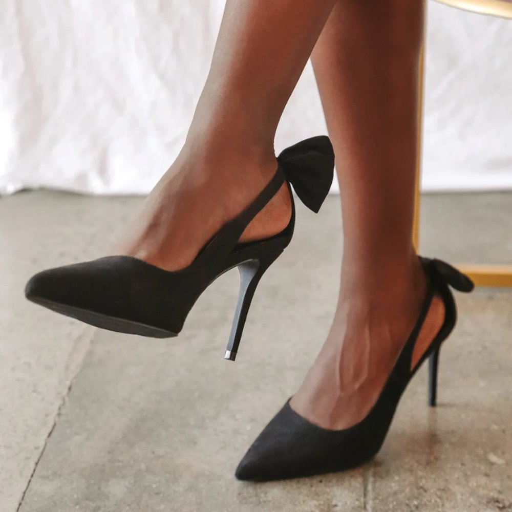 Lulu's Sarika Black Suede Pointed-Toe Slingback Bow Pumps | 9